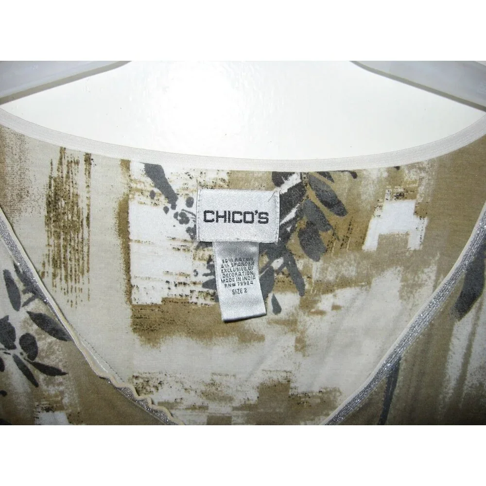 Chico's‎ White Green Silver Metallic Leaves 3/4 Sleeve Top Size 2 L 12